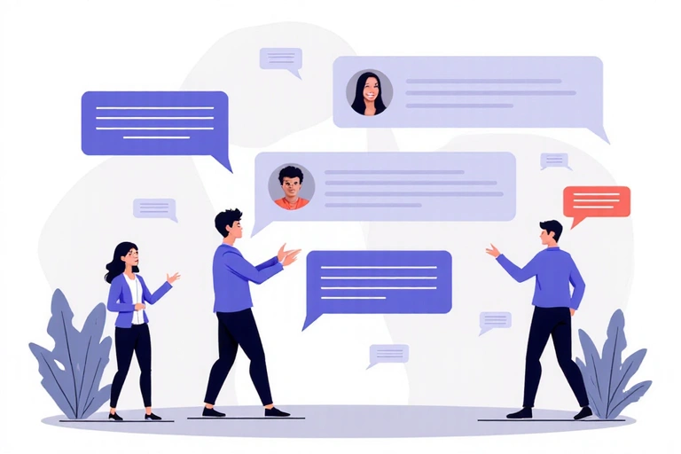 Ilustración de personas enviando mensajes y recibiendo respuestas