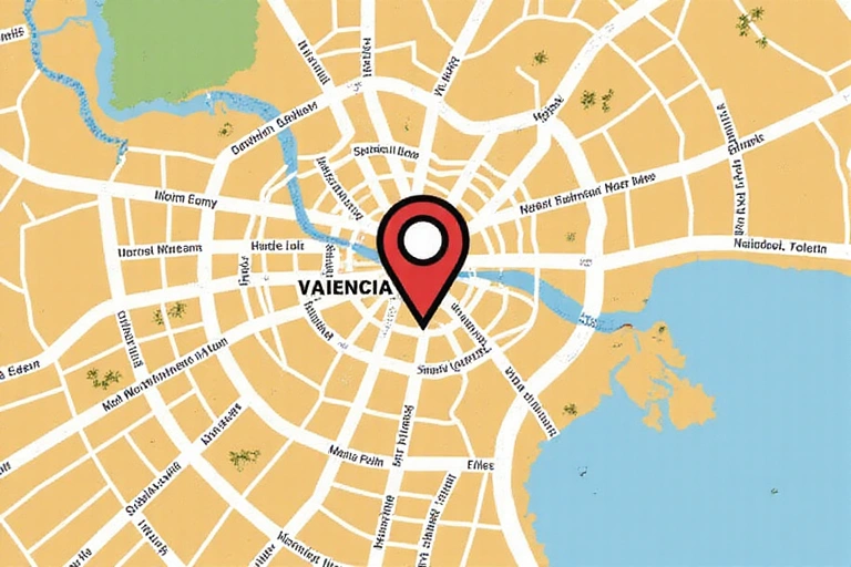 Mapa estilizado con un pin de ubicación en Valencia